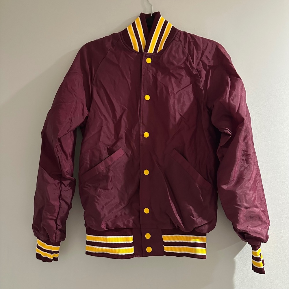 Vintage BUTWIN Baseball Jacket Burgundy Yellow White Stripe Ribbed Collar Cuffs‎